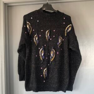 Tony Lambert Black Silk Blend Beads Sequins Mock Neck Sweater Women sz Large